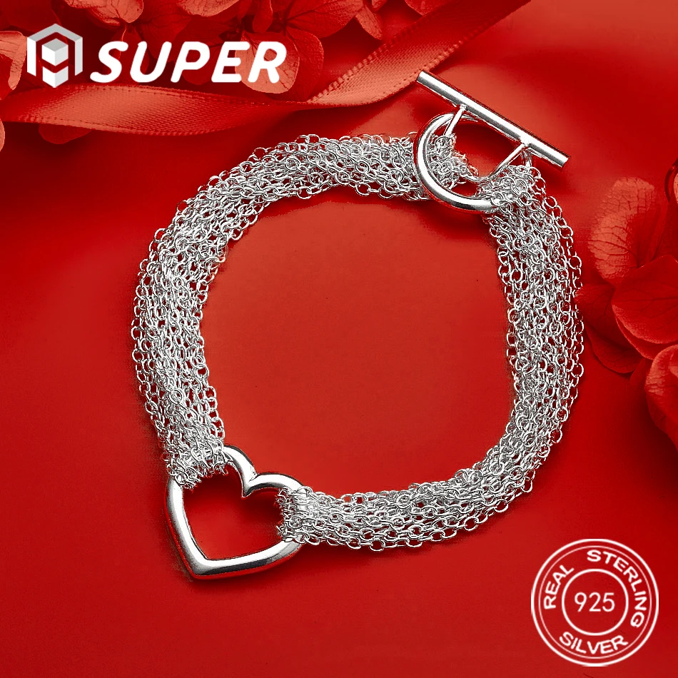 

ALISuper 925 Sterling Silver Luxury Exquisite Heart Chain Bracelet Women Accessories Party Wedding Jewelry