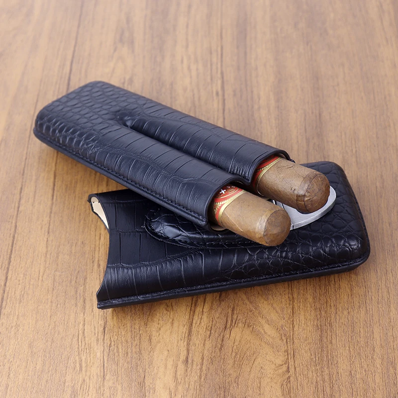 Leather Cigar Case 2 Tubes Travel Portable Cigars Holder Sharp Cutter Carrying Humidor Cigar Accessories Gift for Boyfriend