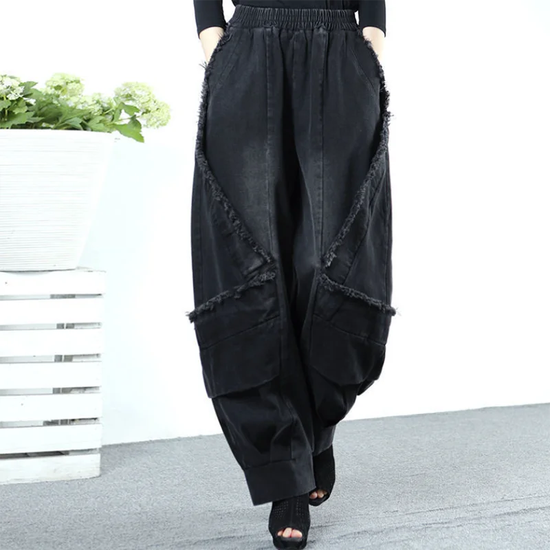 

Women's High Waist Wide Leg Jeans, Harlan, Radish Pants, Loose, Black, Flanging, Casual, Long Pants, Streetwear, Autumn, Winter