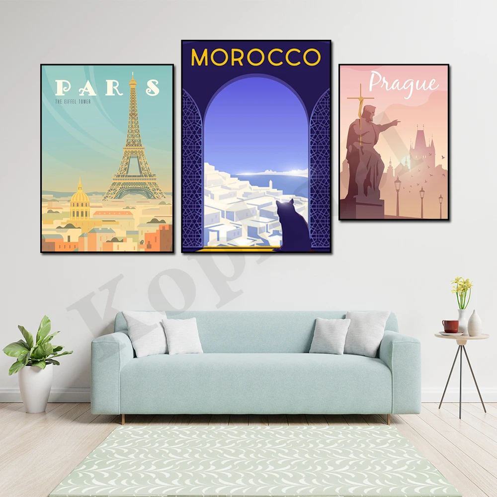 New York Morocco Prague Quebec Paris Portugal Norway Rio de Janeiro. City Travel Scenery. Home Wall Decor Art Canvas Painting