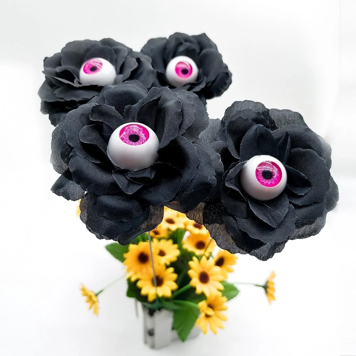 4Pcs/set Black Rose Halloween Rose Flower Ground Pole PVC Simulation Eyeball Flower DIY Garden Courtyard Halloween Decor