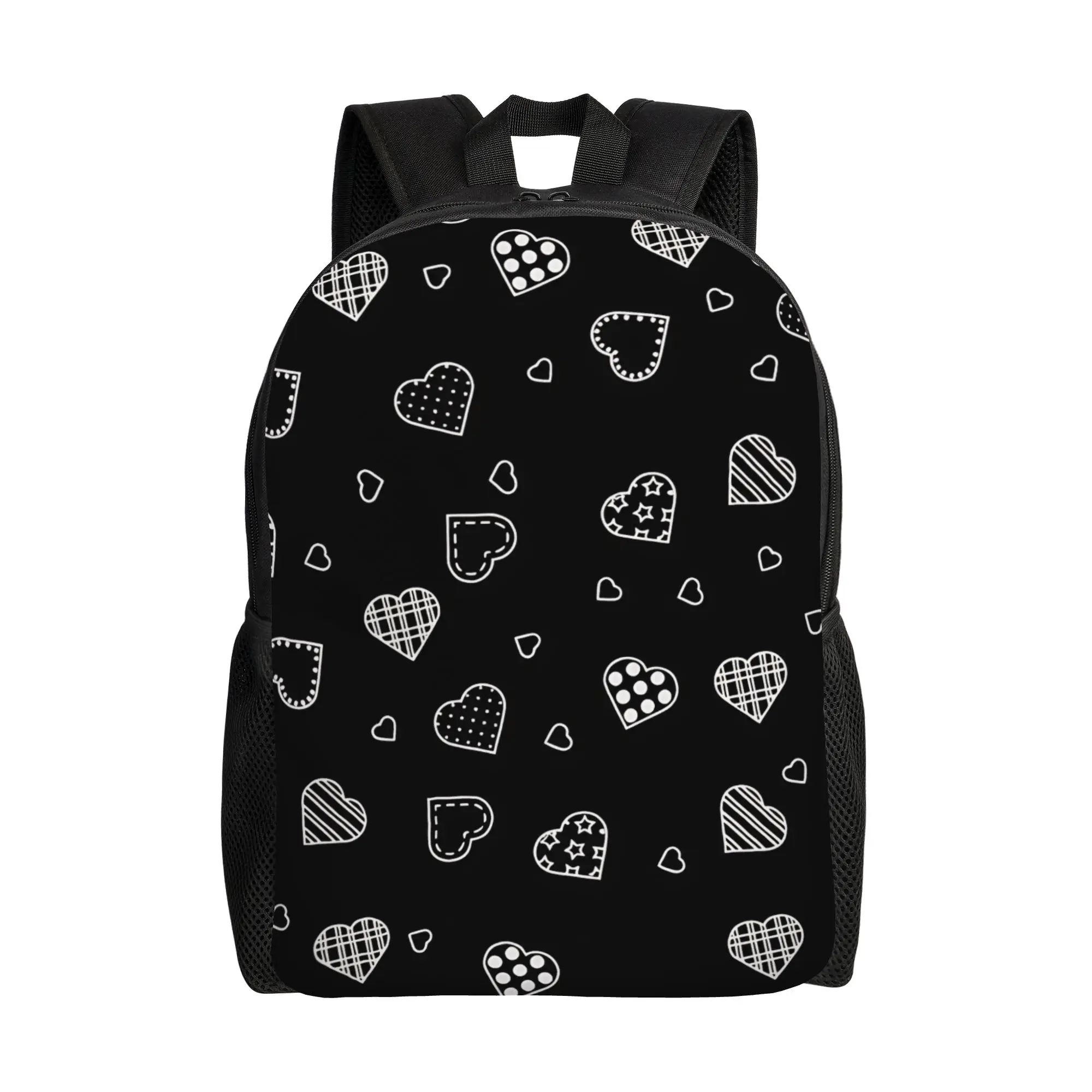 Black Background Variety White Hearts Backpack  Youth Polyester Hiking Backpacks Pattern Casual School Bags Rucksack
