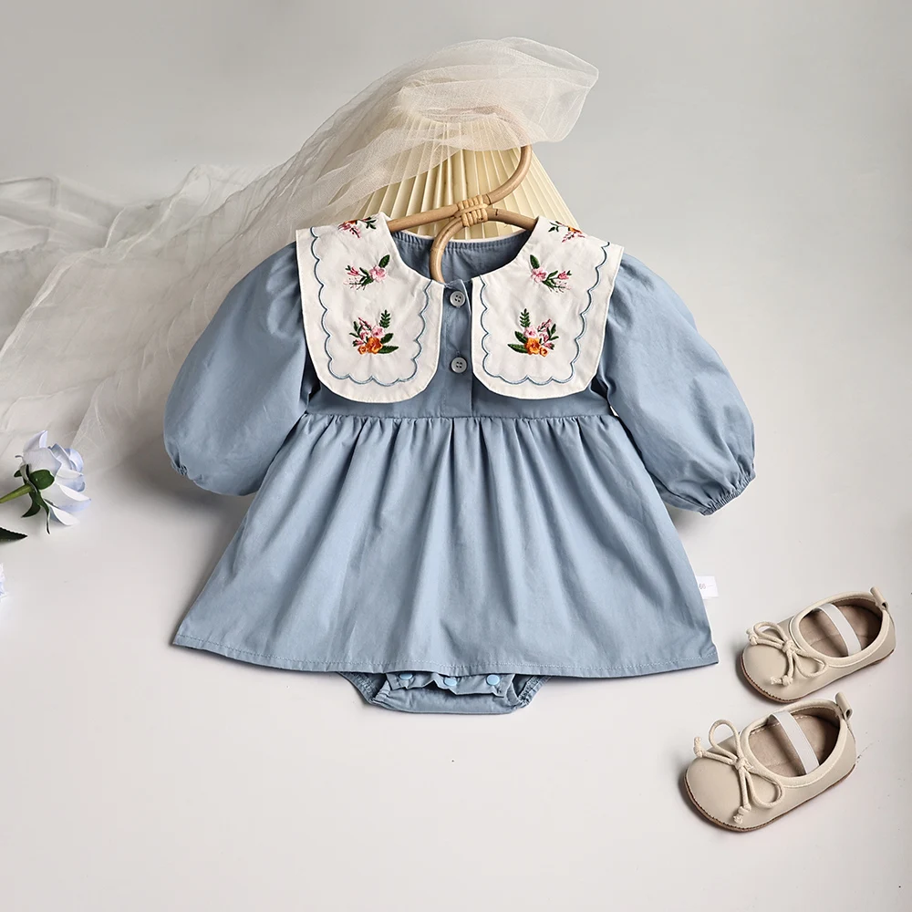 2024 Autumn Toddler Baby Newborn Girl Rompers Dress Long Sleeve Embroidered Doll Collar Baby Dress jumpsuits for 0-2y