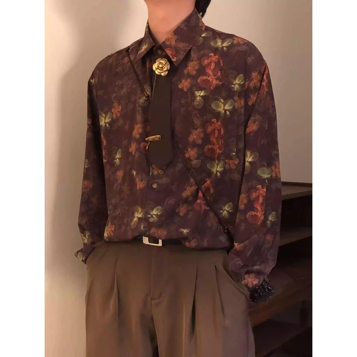 

Spring 2026 Loose Fit Long Sleeve Neck Floral Print Shirt Unisex Versatile Top High Elasticity Polyester Youth Fashion