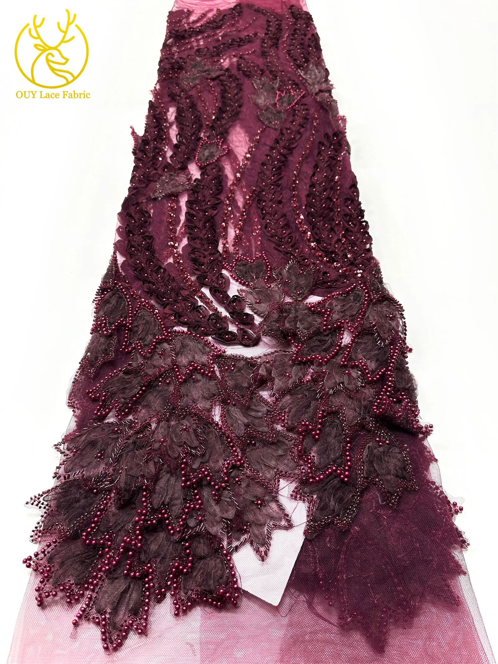 Französischer Luxus 3D-bestickter Perlen-Spitzenstoff, 5 Yards, eleganter afrikanischer nigerianischer Pailletten-Spitzenstoff für Damen, Hochzeits- und Partykleid – Detail 21