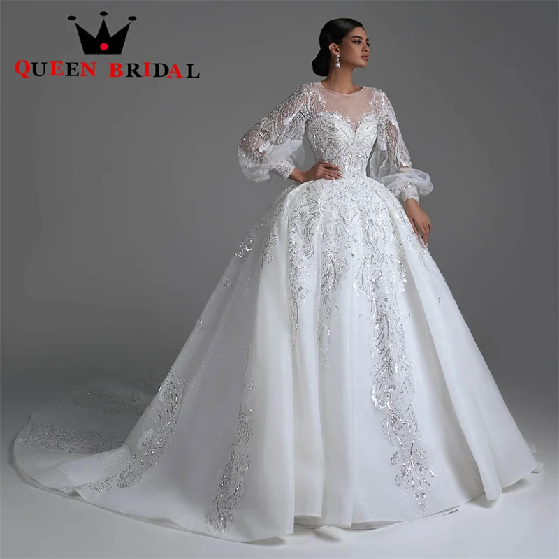 Long Puff Sleeve Shining Lace Wedding Dresses 2023 New Beading Sequined Bridal Ball Gowns Vestido De Noiva Custom D50C