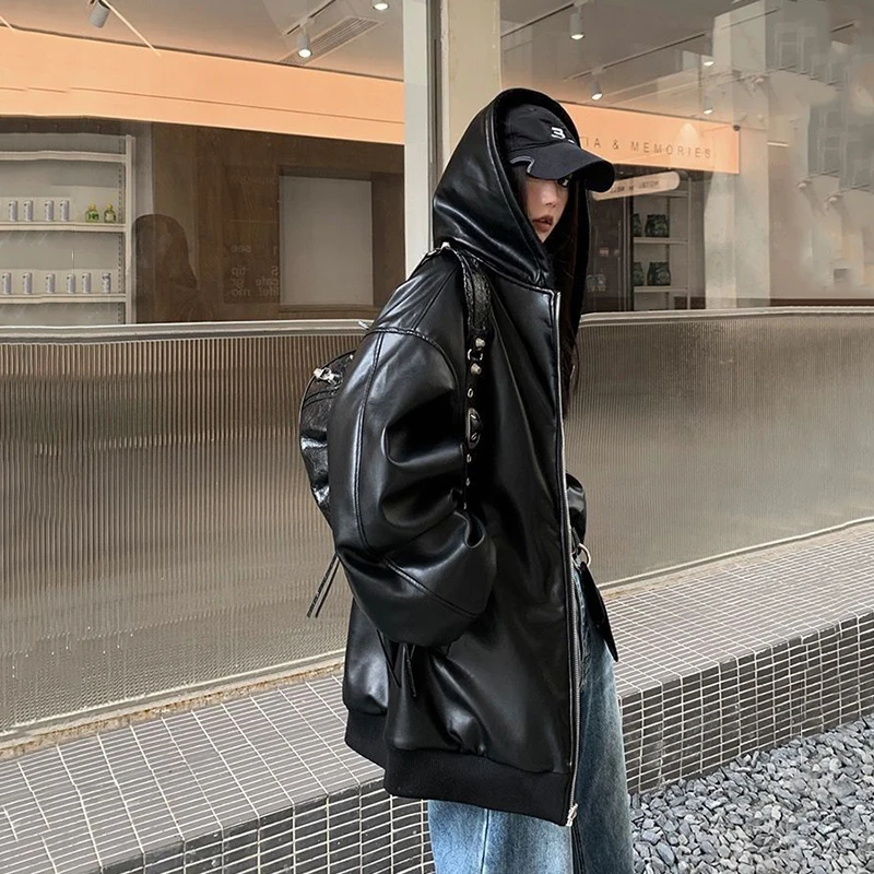 Schwarz Faux Lämmer Pu Jacke Frauen Y2K Winter Warm Lose Zipper Mit Kapuze Mäntel Streetwear Doppelseitige Tragen Alle Spiel Oberbekleidung Neue