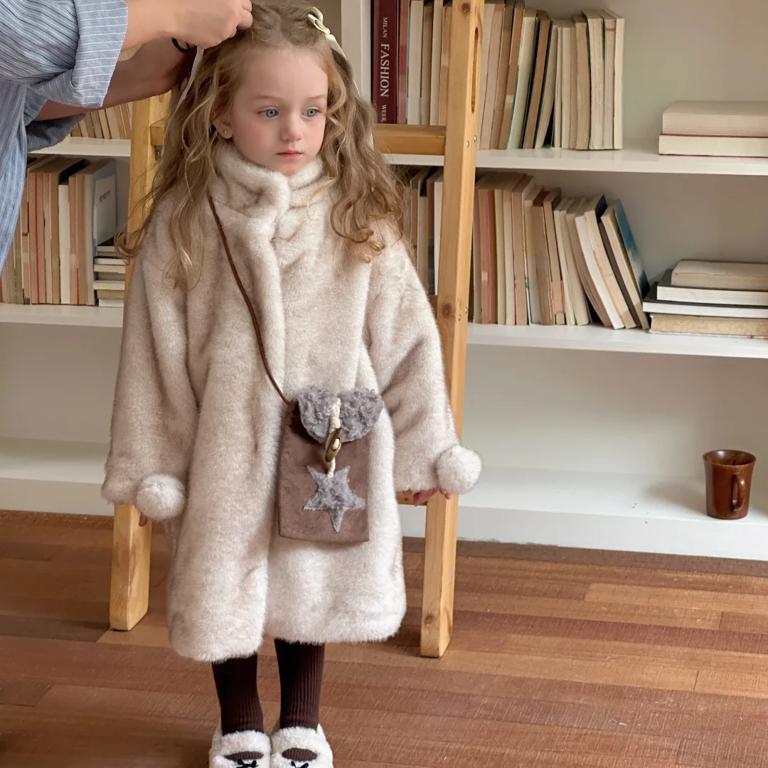 Kids Girls Winter Fur Overcoat Turtleneck Warm Plus Velvet Infant Girl Mid-length Outerwear Thicken Fluffy Jackets For Baby Girl