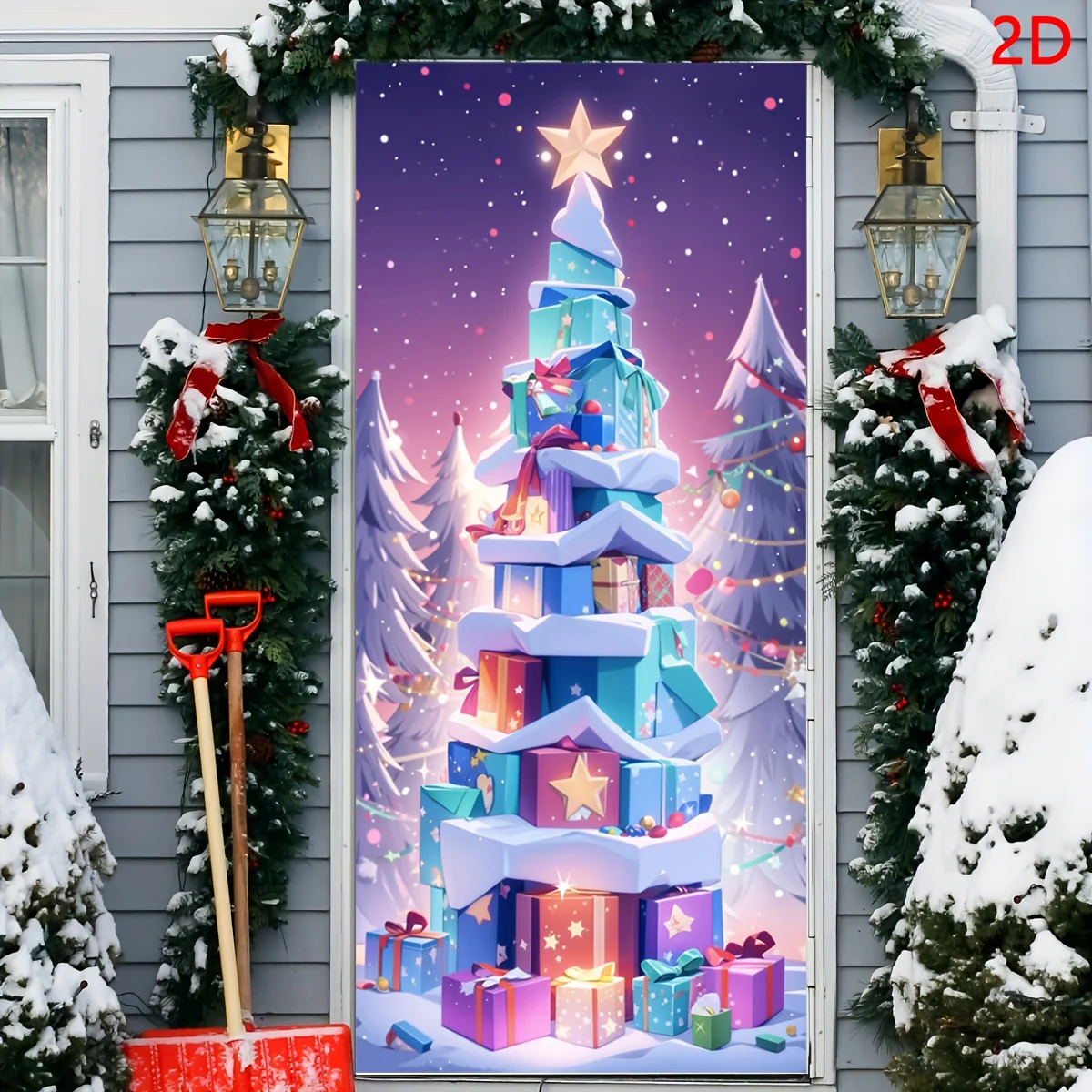 علم باب ثنائي الأبعاد، 1 غطاء باب شجرة عيد الميلاد احتفالي، سهل التركيب والإزالة، مقاوم للبقع، مناسب لتزيين الحفلات