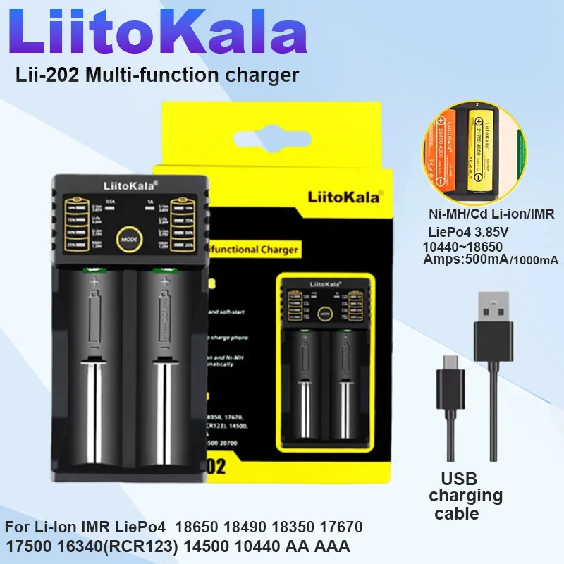 Многофункциональное зарядное устройство LiitoKala Lii-202 для Ni-MH/CdLi-ion/IMRLiePo4 1,2 В/3,7 В/3,2 В/3,85 В 21700 26650 14500 батарей AA AAA Многофункциональное зарядное устройство LiitoKala Lii-202 для Ni-MH/CdLi-ion/IMRLiePo4 1,2 В/3,7 В/3,2 В/3,85 В 21700 26650 14500 батарей AA AAA
