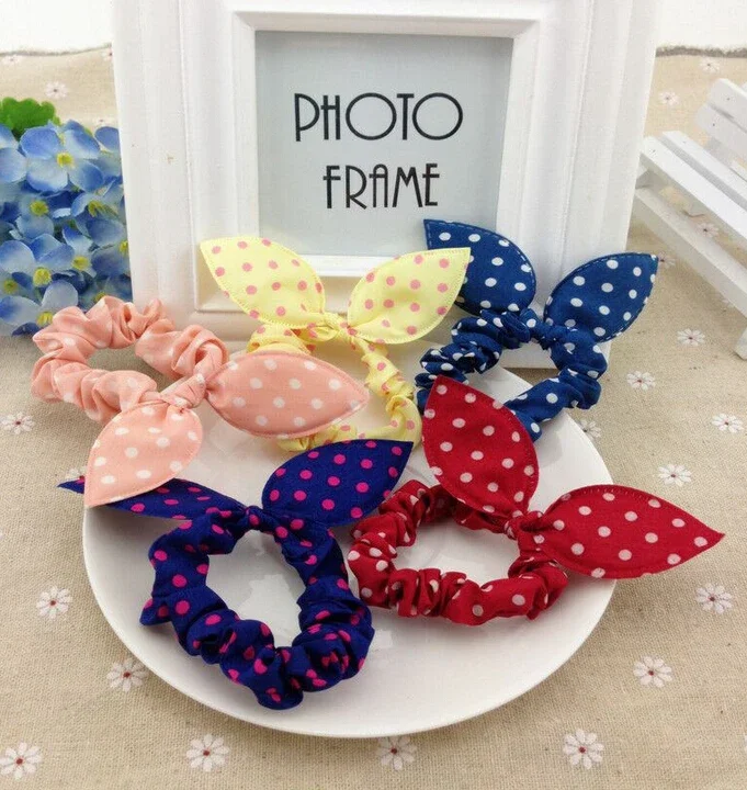 10 Pcs Dot Pattern Hair Rope Cute Rabbit Ears Hair Band Ties Bunny Ear Ribbon Headbands for Kids Girl Elastic Band Accessories