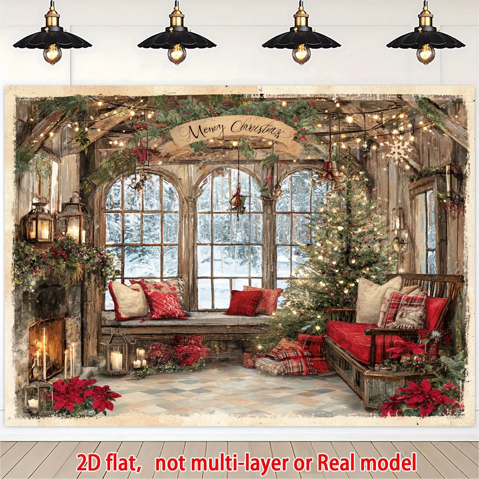 2D flat, elegant country-style farmhouse Christmas winter scene background banner for one person, Christmas background cloth