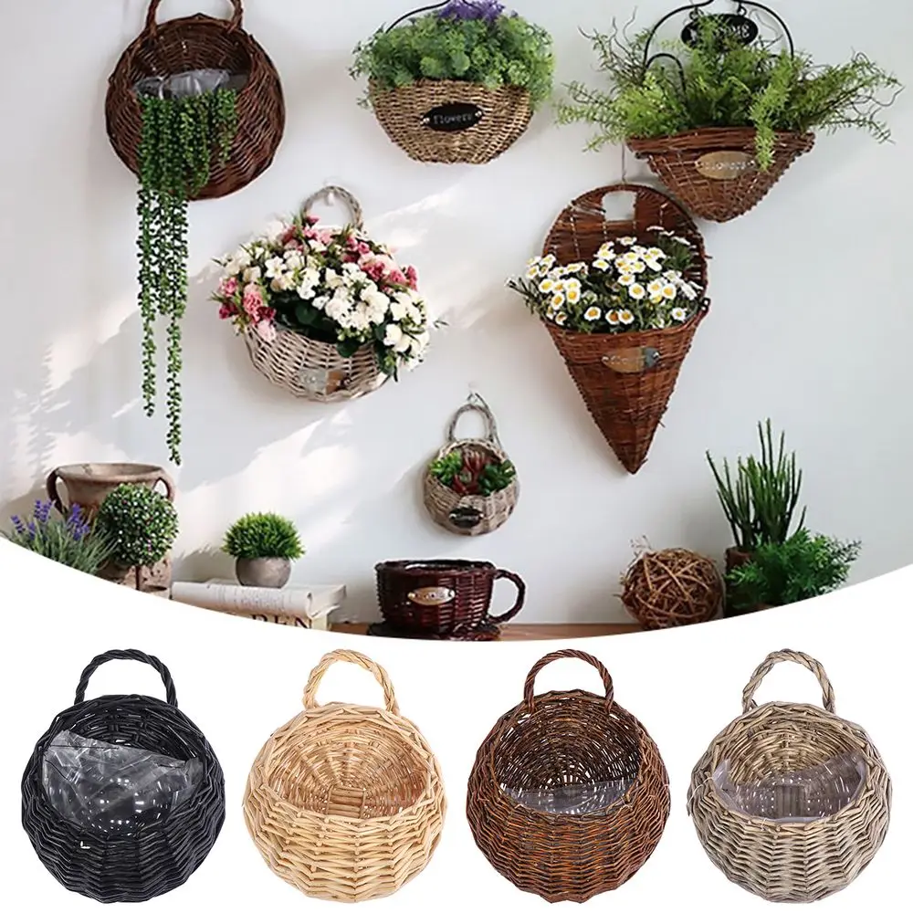 Wall Hanging Natural Wicker Woven Flower Basket Planter Rattan Vase Basket Home Garden Wall Decoration Storage Container