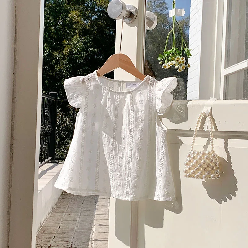 Girls 2025 Summer Sleeveless Top Ruffles & Lace Trim Hem T-shirt Korean Style Unique Design Lightweight Chic