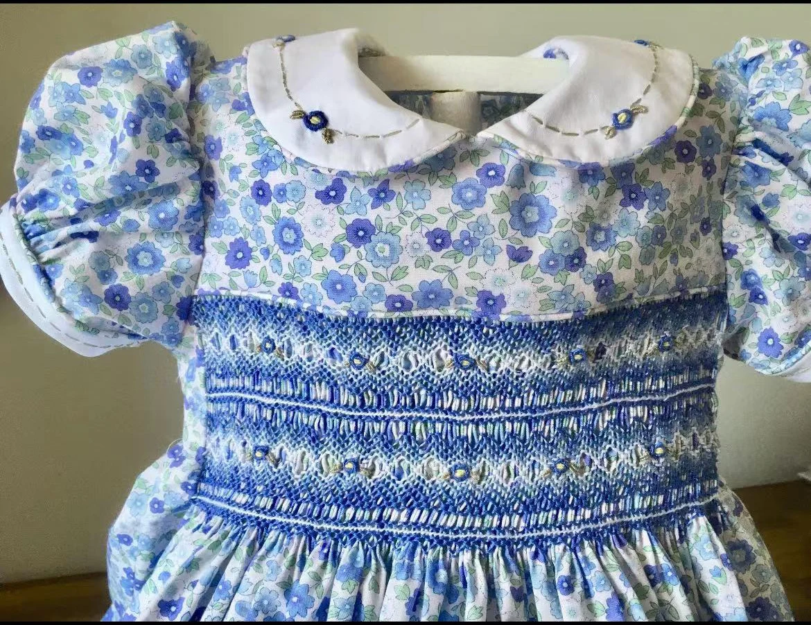 Baby Girl Blue Flower Handmade Embroidery Smocked Dress for Eid Party Birthday Holiday Photography Casual