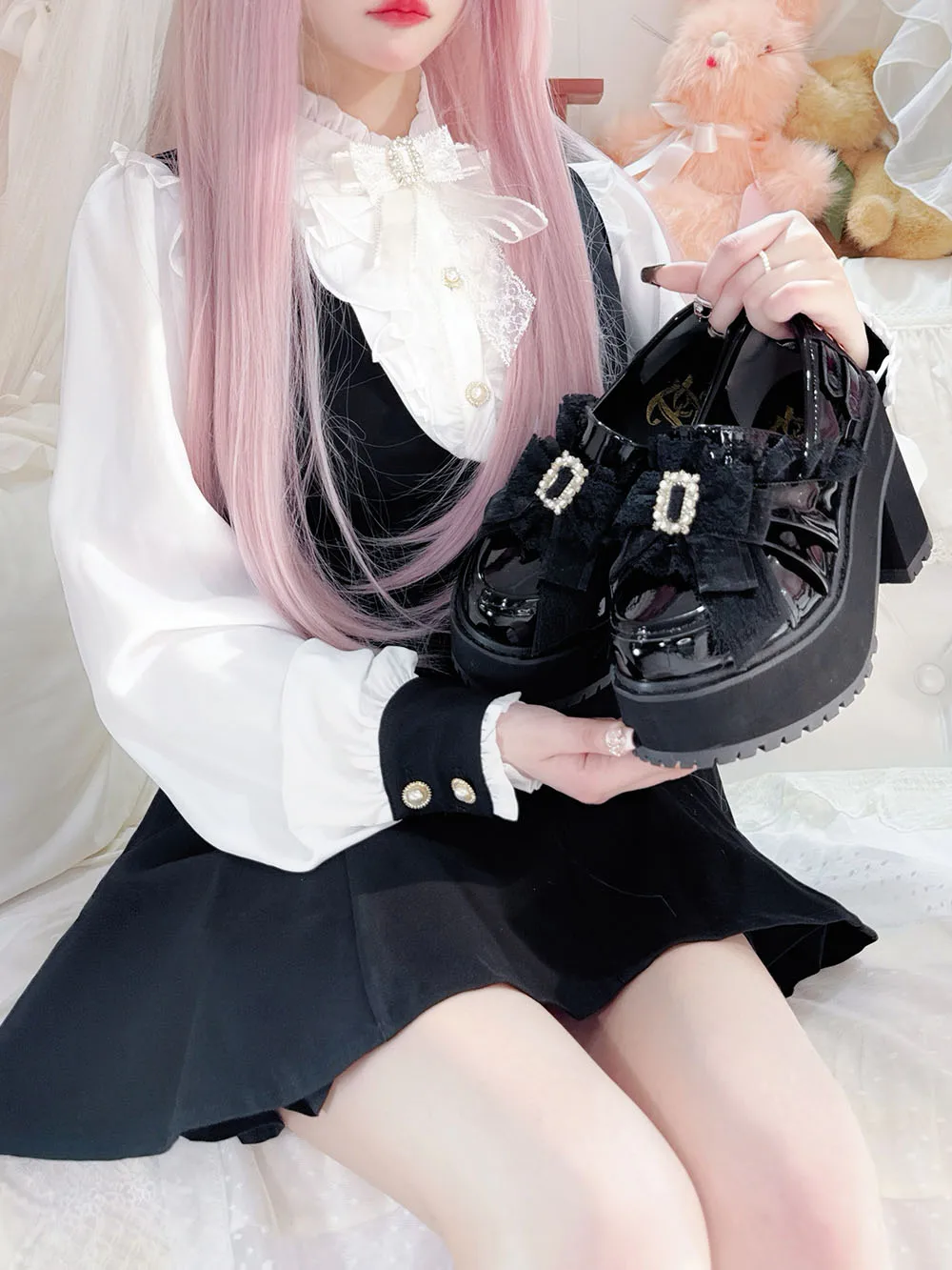 Transfer Student Lilith High Heel Loafers Sweet Lolita Slip On Thick Sole Lace Bow Rhinestone Buckle Japanese Women Shoes