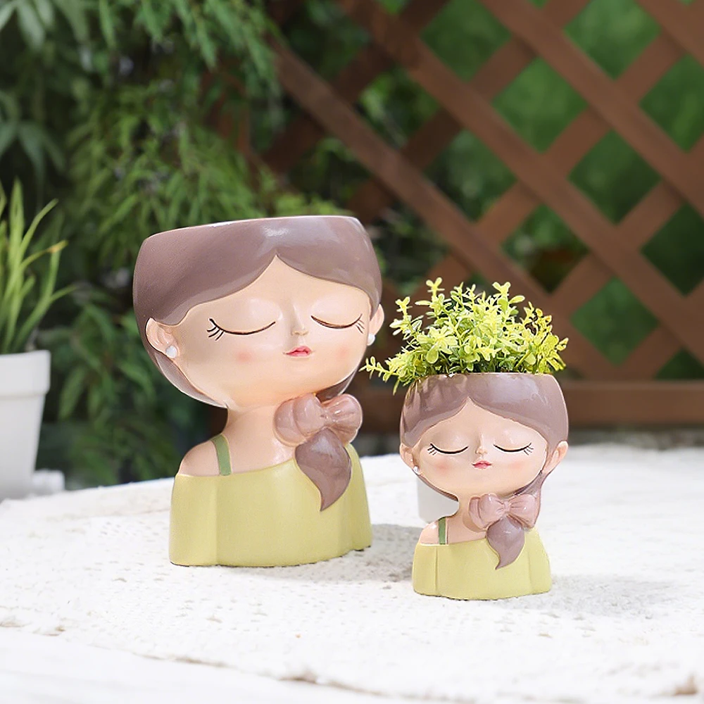 Cute Girl Small Plant Pot Resin Succulent Planter for Home Office Desk Mini Ornament Fairy Garden Flowerpot Decoration - view 5