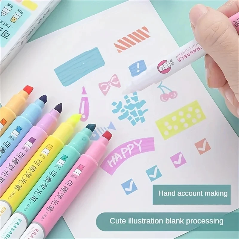Resaltadores borrables creativos, marcadores Pastel, rotulador fluorescente de doble punta para dibujo artístico, suministro de marcado para garabatos, 6 uds.