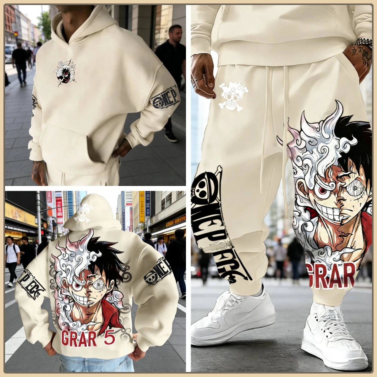 طقم سراويل لوفي بغطاء للرأس من قطعة واحدة مكون من قطعتين ملابس شارع كاجوال للرجال مع طباعة شخصية على الظهر والأكمام بدلة رياضية قطنية فضفاضة #1