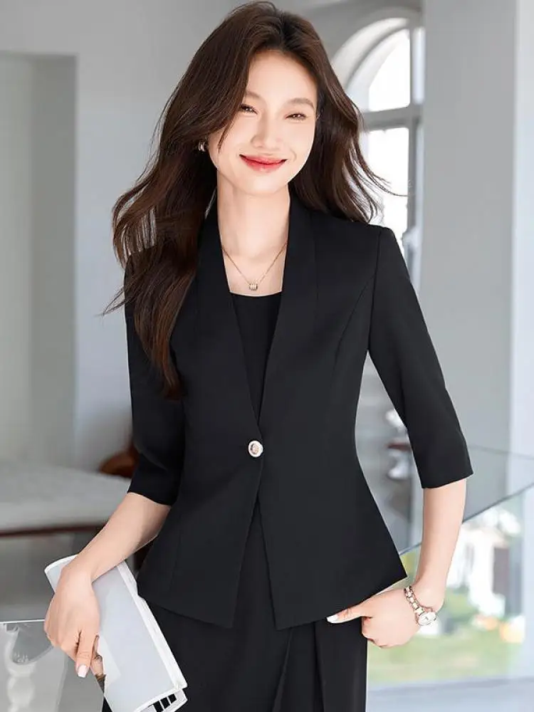 

Весна-лето, новый черный, белый цвет, пиджак с v-образным вырезом и рукавами семь четвертей, женская синяя тонкая универсальная короткая куртка на одной пуговице, шикарное