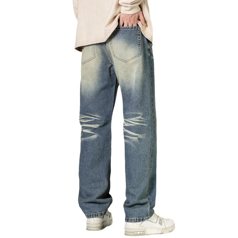 Winter Straight Leg Jeans Men's Solid Color Pleated Texture Made Of Old Cotton High Elastic High Street Denim Pants Zipper 2024