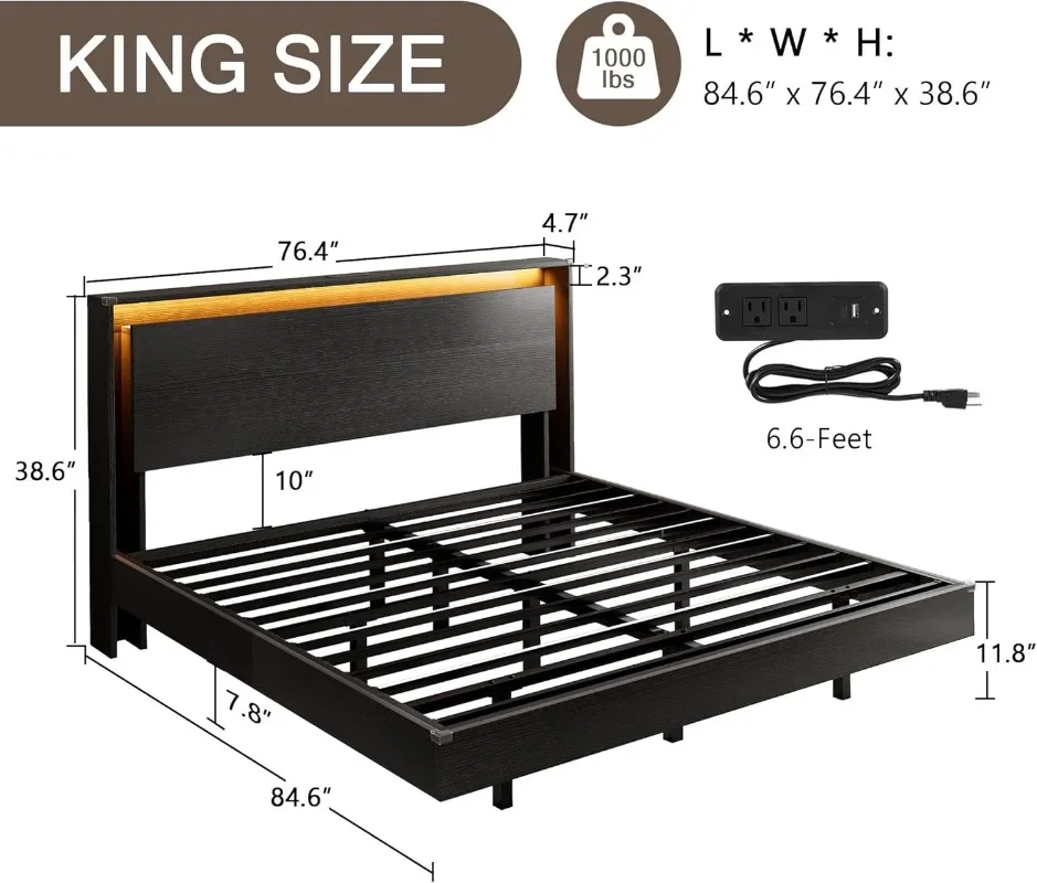 Einhomn King Size Bed Frame with LED Lights & Charging Station – Wood Floating Bed Frame with Storage Headboard, Adhesive Slats