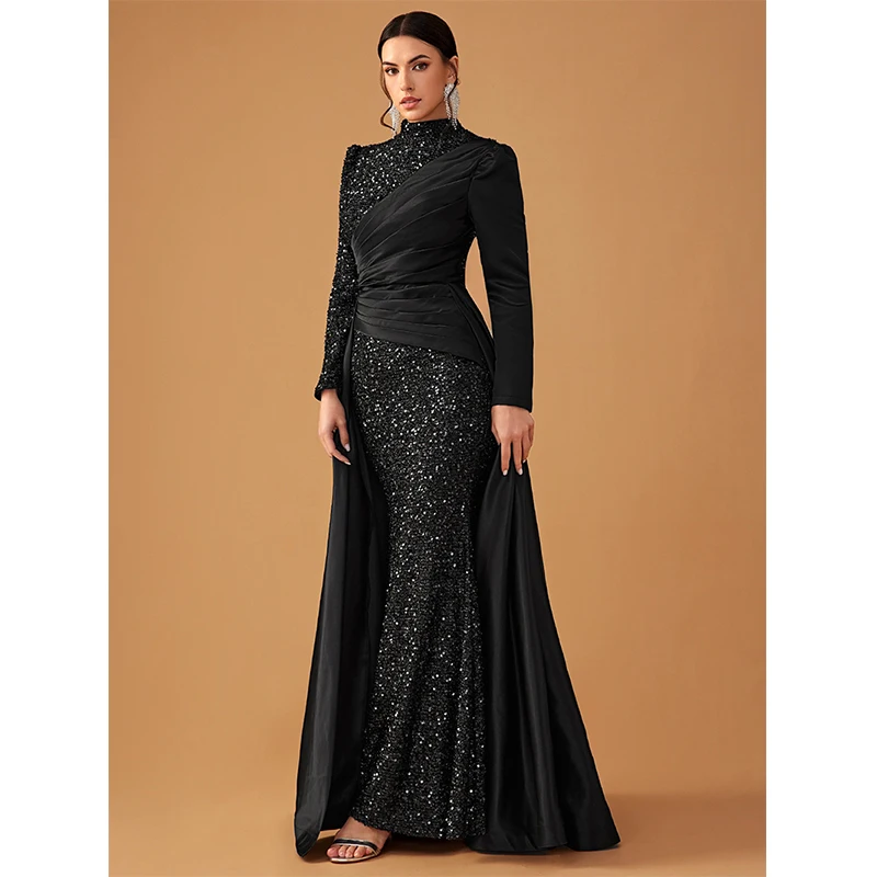 2024 New Fashion Women Long Sleeve O Neck High Waist Black Sequins Ball Gown Cocktail Prom Evening Formal Occasion Maxi Dress