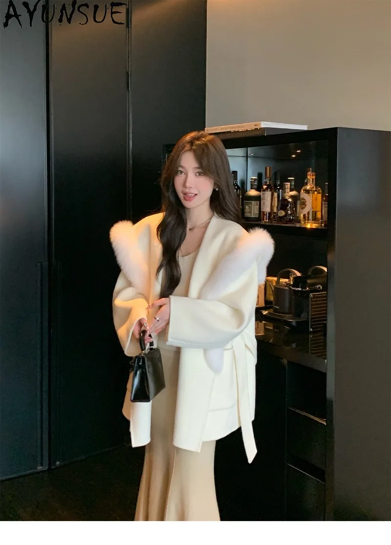 AYUNSUE Double-Faced Cashmere Coat Woolen Fox Fur Collar Outerwear Womens Autumn Winter Clothes Mid Length Clothing Luxury 2026