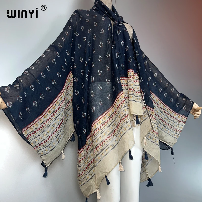 WINYI 보헤미안 프린트 기모노 비치 의상 여성 수영복 커버업 보호 카디건 스티치 셀프 벨트 휴가 긴팔 프린트 코트