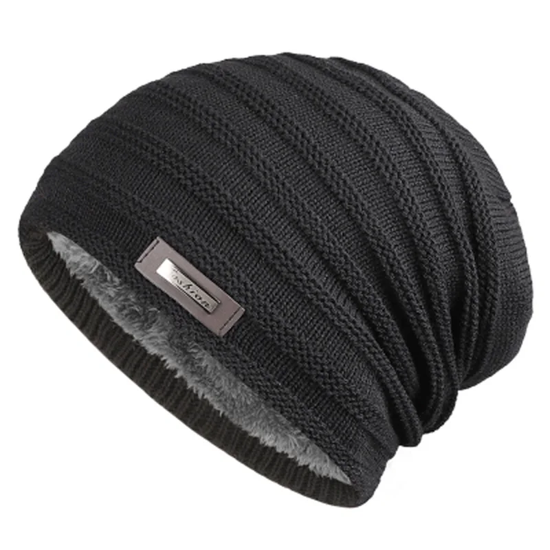 Warm Men\'s Winter Hat Polyester Fleece Lined Knitted Cap Striped Plain Beanies with Tag Fashion