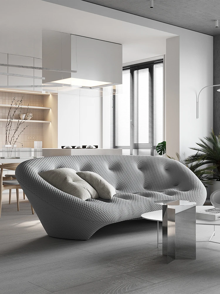 Minimalist freehand space, curved shell sofa, living room, large flat floor