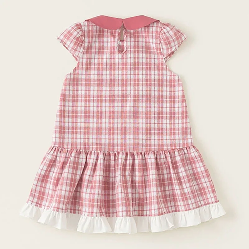 Summer Dresses Baby Girls Clothes Korean Fashion Pink Cute Bow Peter Pan Collar Plaid Sleeveless Princess Birthday Dress B447