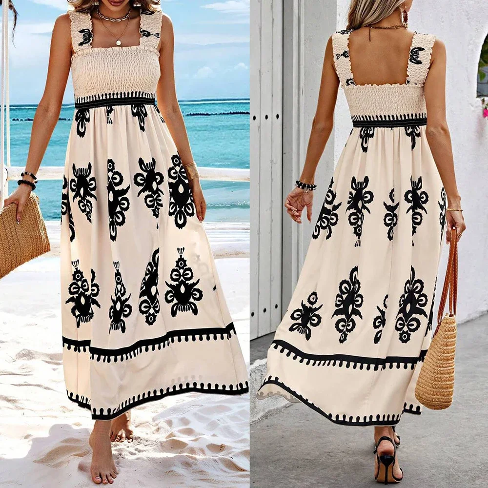 Frauen Sexy Strap Strand Urlaub Sommerkleid Sommer Mode Druck Ärmellose Elastische Brust Einfache Boho Casual Midi Kleider