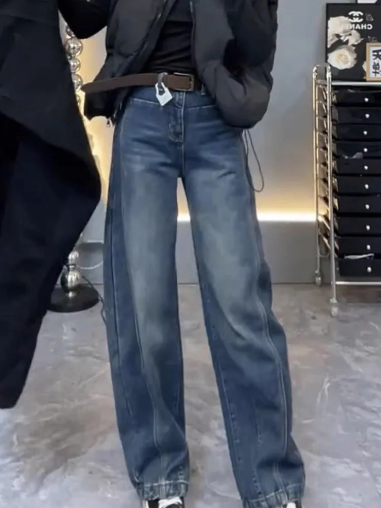 حجم كبير واسعة الساق الجينز التخسيس المرأة Faion الخريف جديد الكمثرى القرد الجسم سكين السراويل الموز السراويل السراويل الطويلة