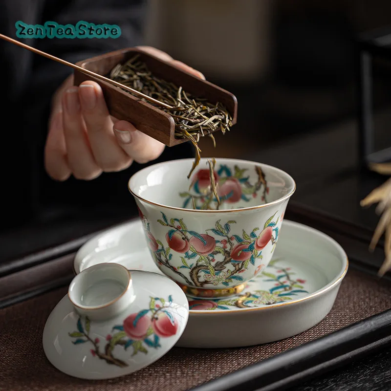 Nine Peach Fu Shou Retro Three Cover Bowl Chinese Household Ceramic Tracing Gold Single Tea Bowl To Tea Bowl Kung Fu Tea Set