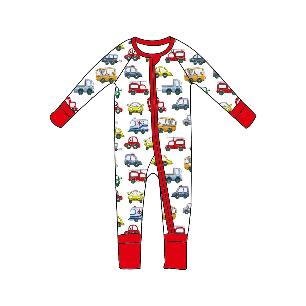 Wholesale Cartoon Car Print Baby Sleeper Romper Boutique Zipper Baby Pajamas Clothing
