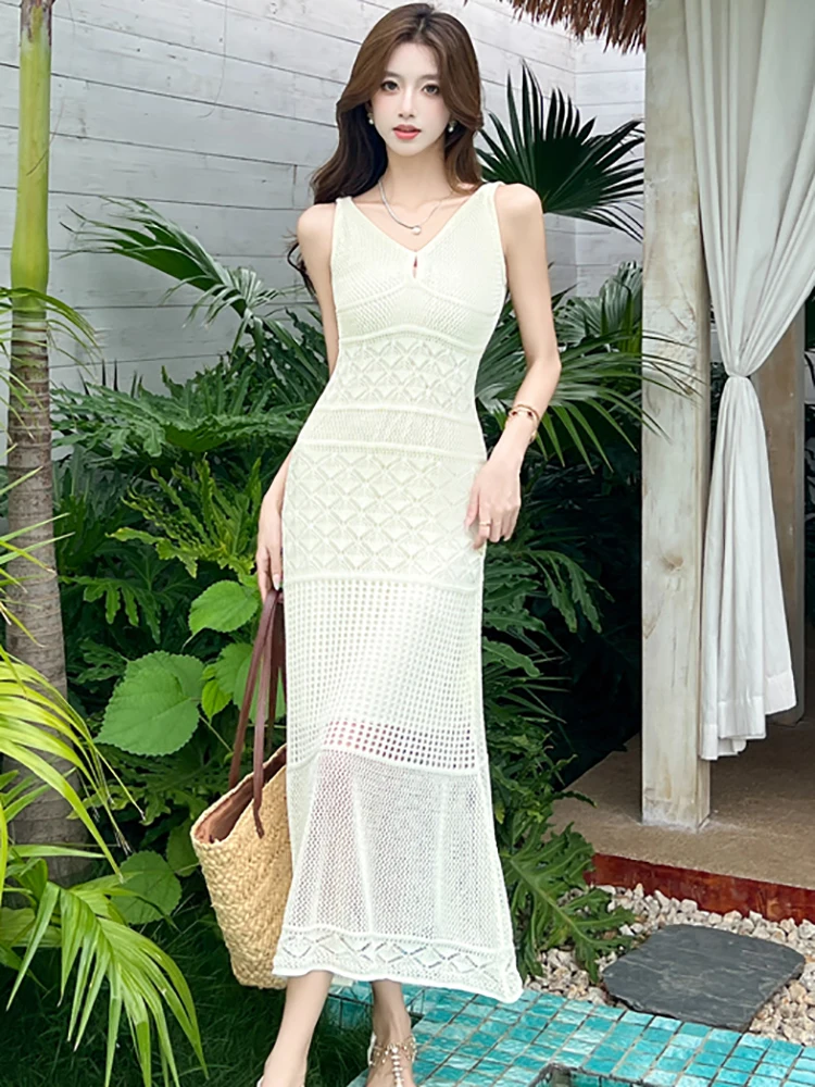 2025 preto de malha jacquard oco para fora estilingue sexy vestido longo feminino vintage bodycon camisola vestido verão coreano chique vestido de festa