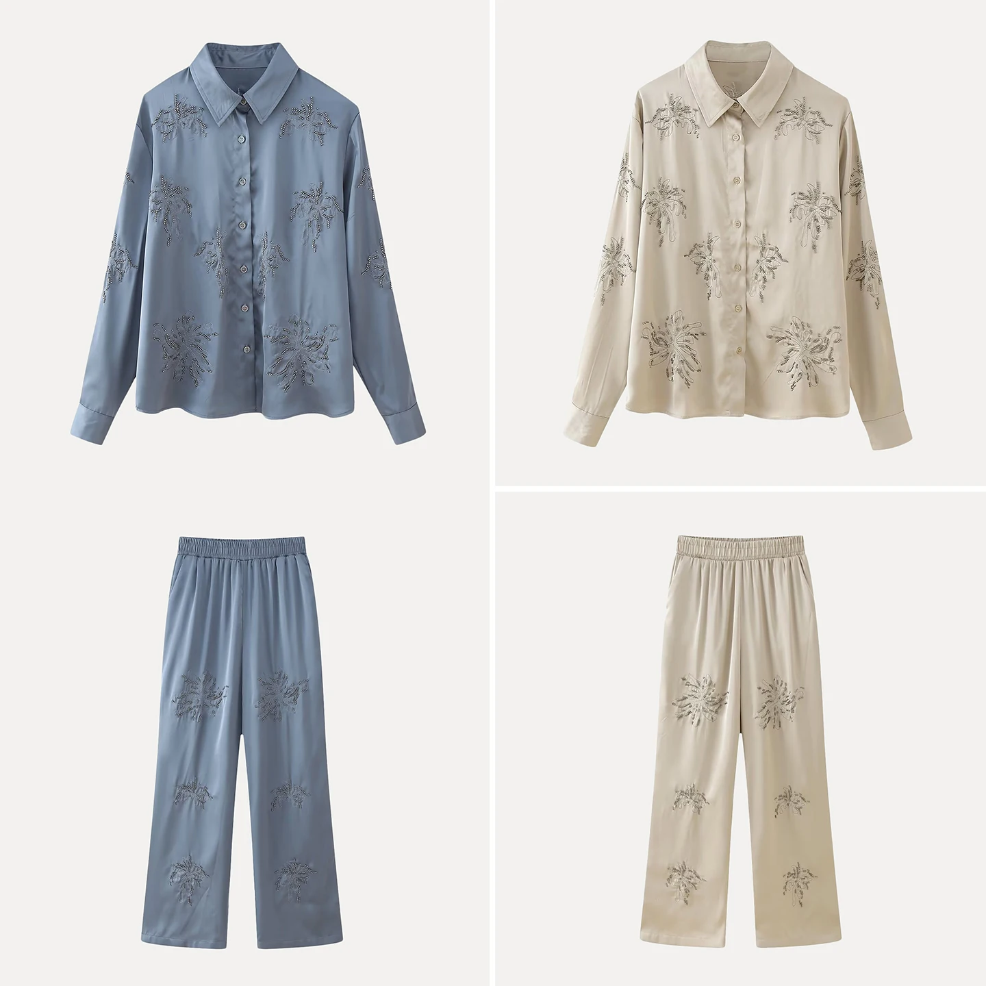 Women's Fashionable Long Sleeve Collared Beaded Embroidery Casual Shirt Loose Pants Two Piece Set Autumn Collection 2026