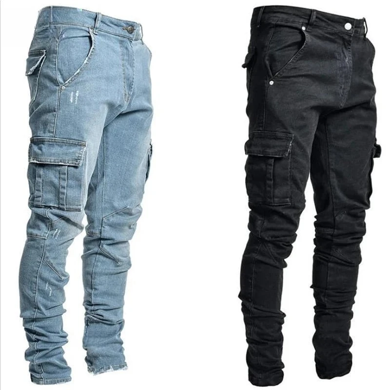 Men Street Style Elastic Cargo Jeans Washed Multi‑Pocket Slim Fit Jogger Denim Pants Mid Waist Casual Daily Wear Trousers