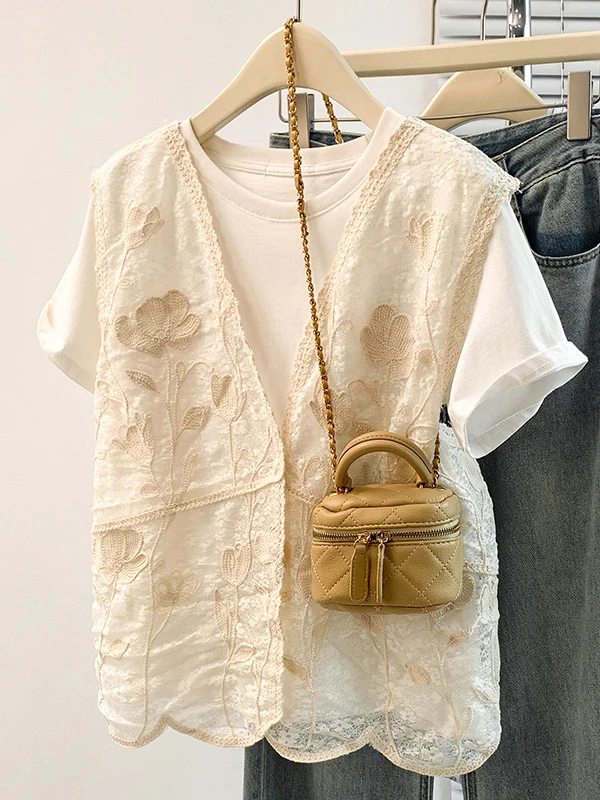 Embroidered Lace V-Neck Shantung Women's Vest 2026 Autumn New Large Size Beautiful Layering Tank Top City Commute Style