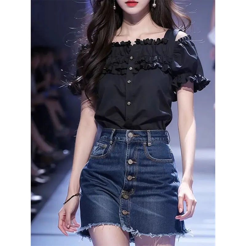 Korean Summer 2025 Trend Shirt Black Square Neck Short Sleeve Cardigan for Women