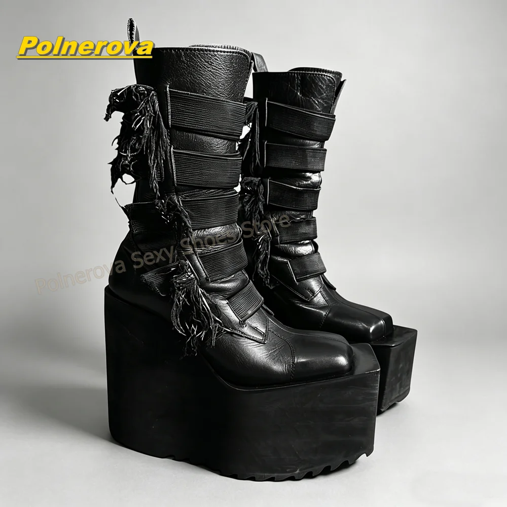 Dark Y2K Platform Motorcycle Boots Women Square Toe Platform Wedge Mid Calf Boots Multi Strap Frayed Tassel Design Club Footwear