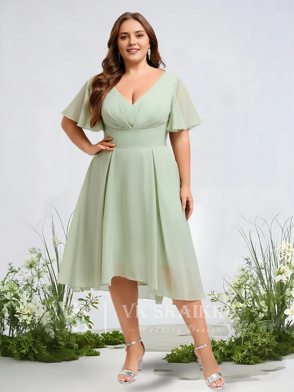 

A Elegant Lavender Bridesmaid Dresses Wedding A-Line V-Neck Asymmetrical Chiffon Gowns With Ruffle Cocktail Guest Evening Events