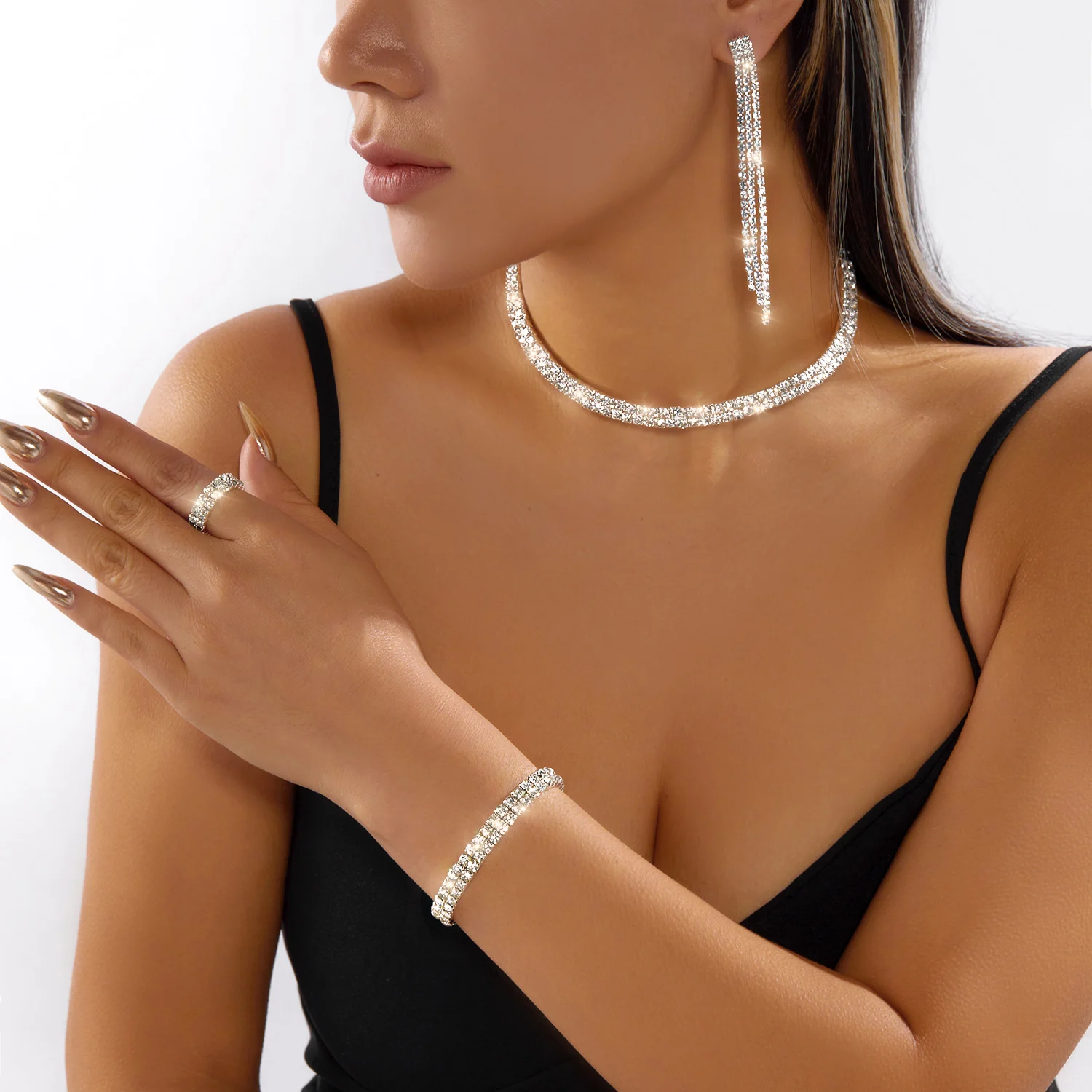 Exquisita pulsera de tenis de circón, gargantilla, collar para mujer, pendientes colgantes con diamantes de imitación y anillo, conjunto de joyería para fiesta y boda