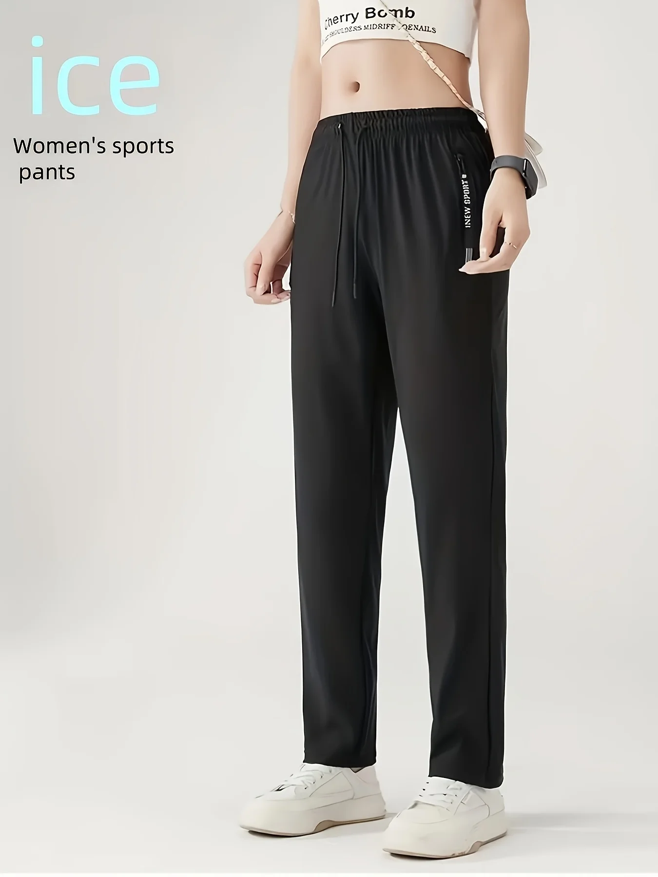 Zomer hoogelastische rechte ijszijde broek elastische taille trekkoord buiten casual cool sneldrogende damesbroek met ritssluiting