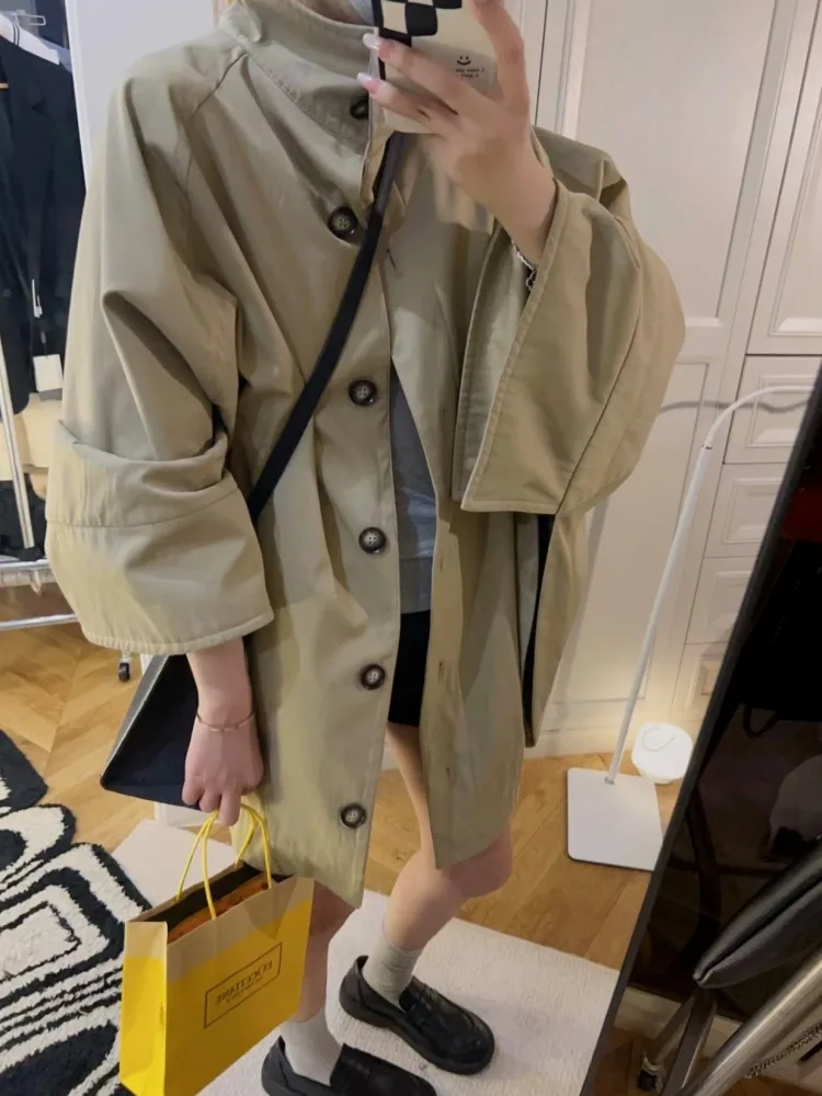 

Autumn Vintage Oversized Long Trench Coat Jacket for Women Stand Collar Single Breasted Windbreakers Casual Cloak Outerwears