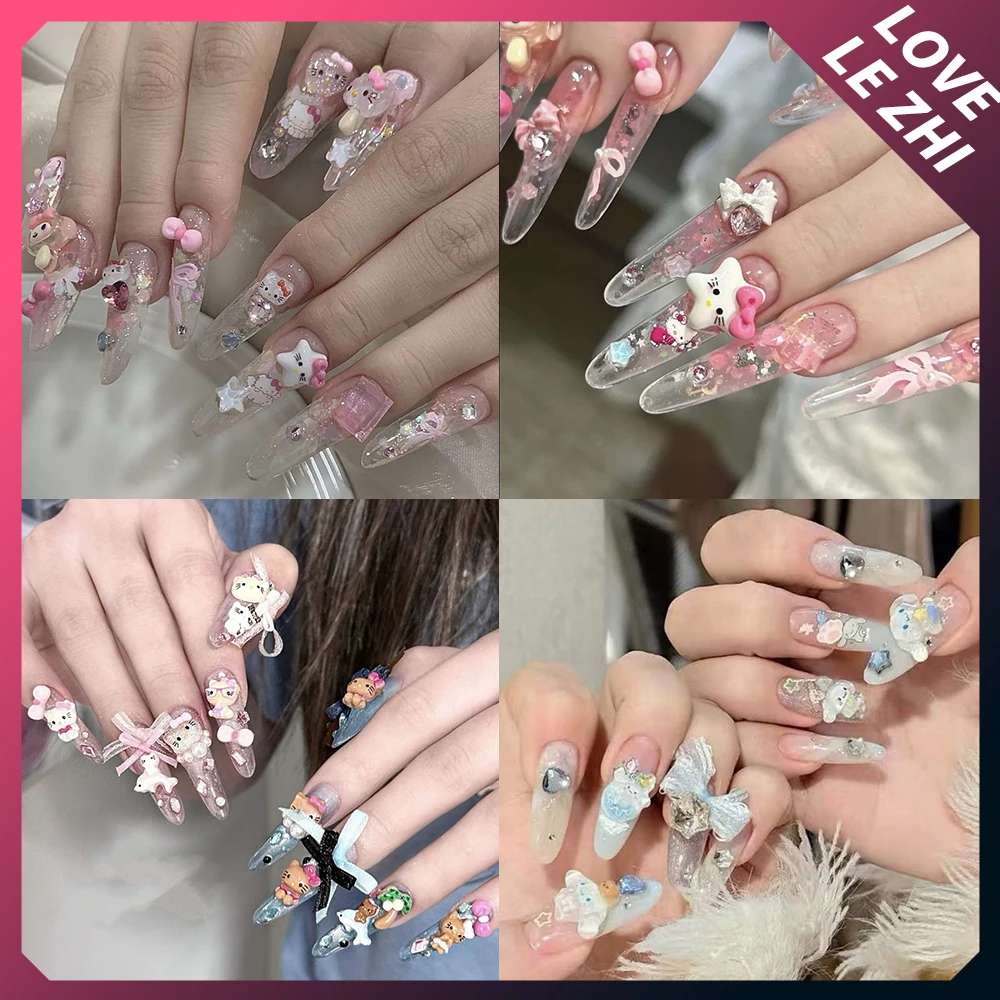 

10Pcs Sweet Lovely 3D Cartoon Long Coffin Stiletto Artifical Press On Nails Shining Diamond Sequins Bowknot Full Cover Fake Nail