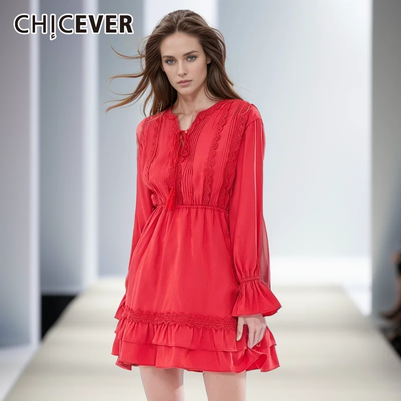 

CHICEVER Fashion Solid Dress For Women V Neck Flare Sleeve High Waist Slim Patchwork Ruched Elegant Mini Dresses Female Clothes