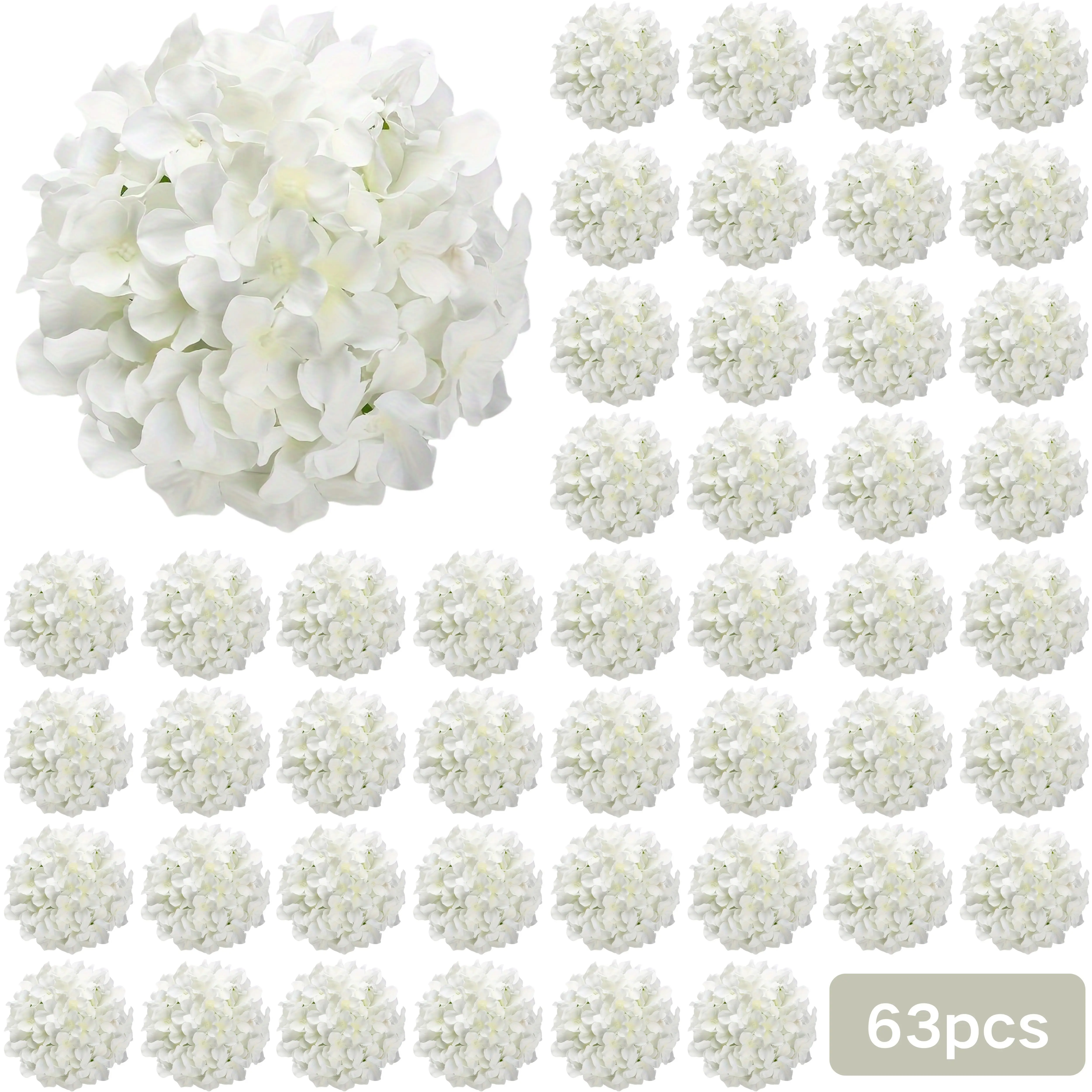 63pcs White Artificial Hydrangea Head with Stem Realistic to the Touch, Suitable for Outdoor Patio Decoration, Wedding Party Center Decoration, Office Desktop, Outdoor Farmhouse Courtyard Garden Decoration, Home Living Room Kitchen Bedroom Decoration