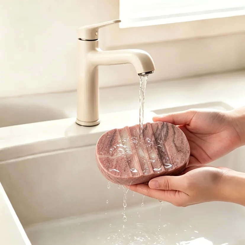 Oval-Shaped Natural Stone Soap Dish, Solid and More Durable, with Drainage Grooves, Suitable for Bathrooms, Kitchens, Interior Decoration, and as a Multifunctional Pen Holder view 6